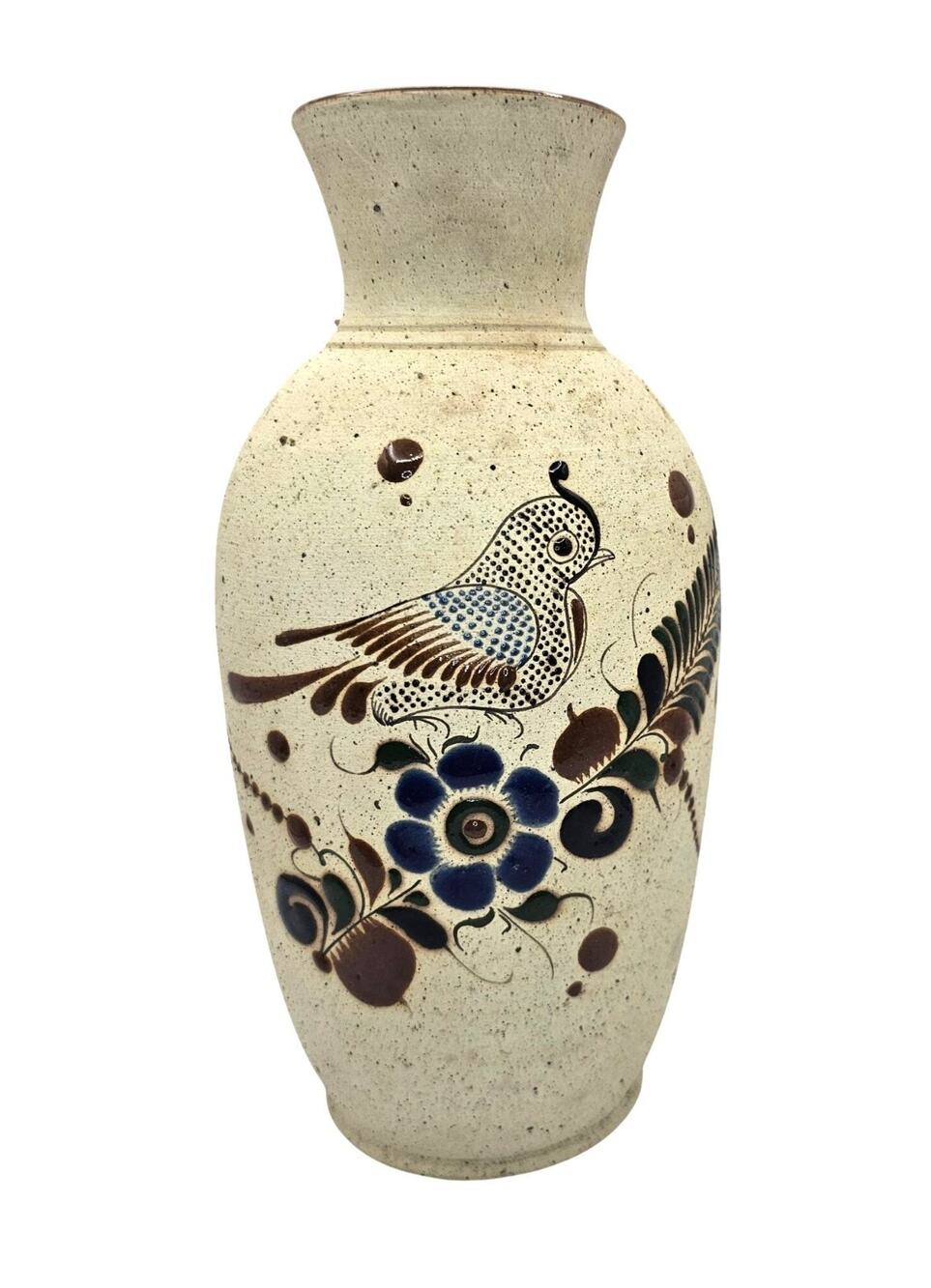 Vintage Tonala Mexican Pottery Vase Hand Painted Folk Art Bird Floral Decor 8.5"